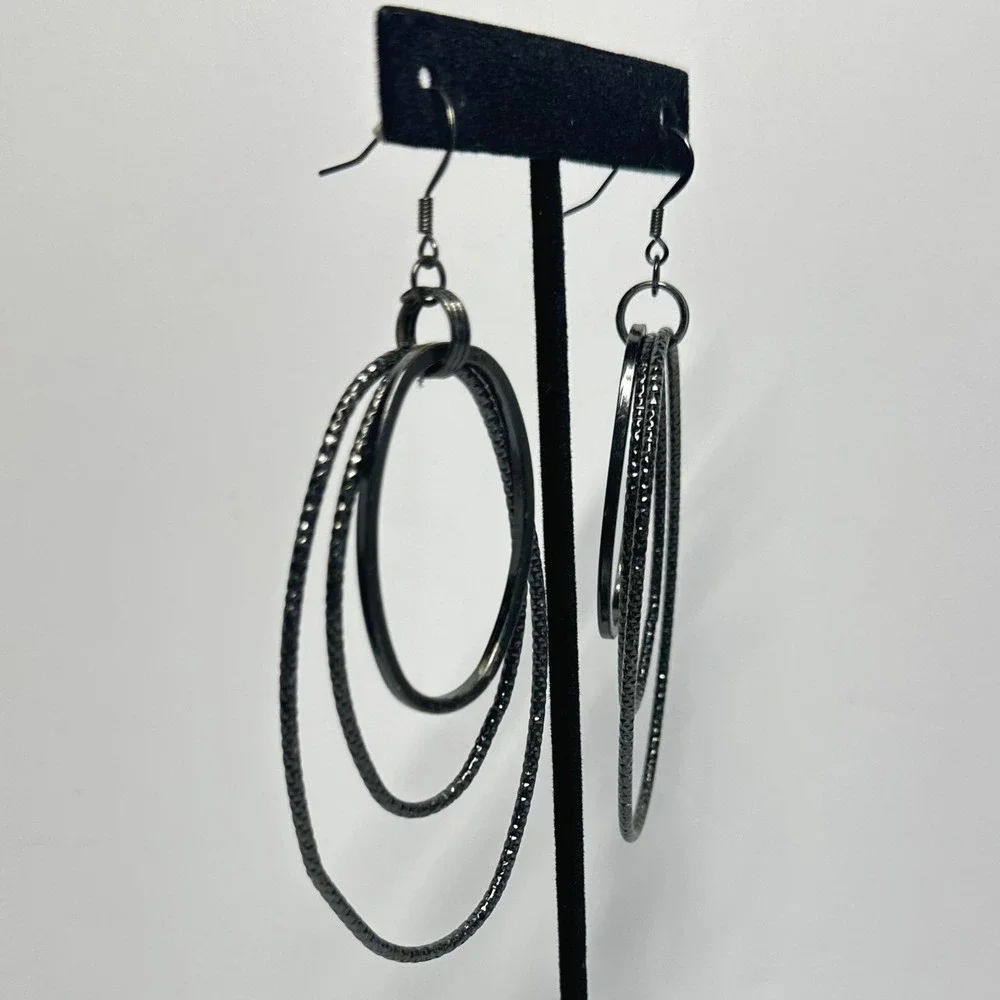Black Triple Hoop Dangle Earrings Layered Gunmetal Boho Statement‎